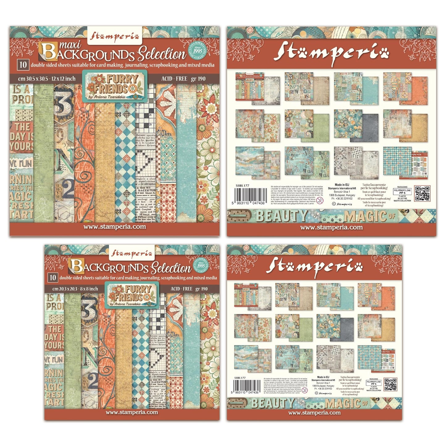 Stamperia Furry Friends 12x12" & 8x8" Maxi Background Paper Pack Bundle