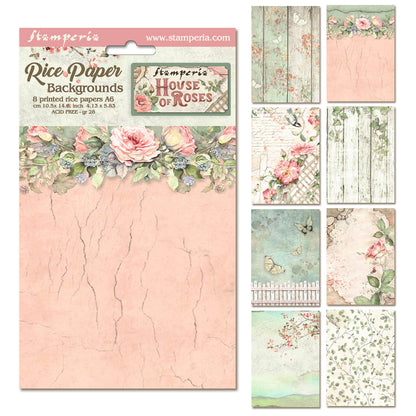 Stamperia House of Roses A6 Rice Paper Backgrounds (8pcs)