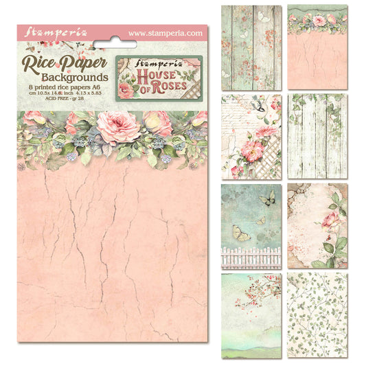 Stamperia House of Roses A6 Rice Paper Backgrounds (8pcs)