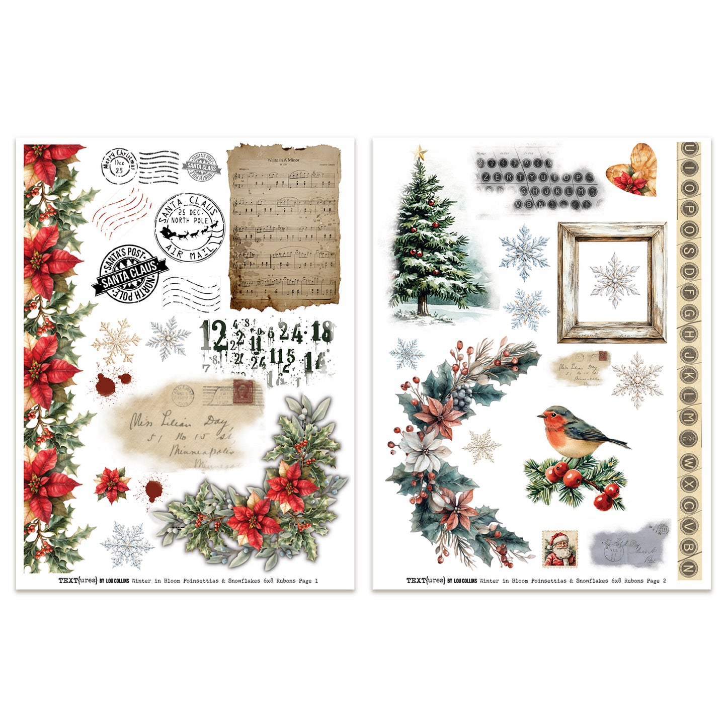 TEXT{ures} Winter in Bloom Poinsettias & Snowflakes 6in x 8in Rub-On Transfer Set