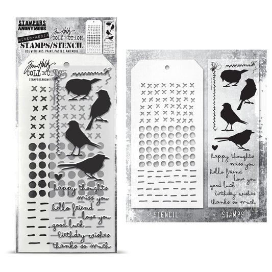 Stampers Anonymous Tim Holtz Clear Stamps and Stencil Silhouette Birds, Stitches, Dotted and Dashes