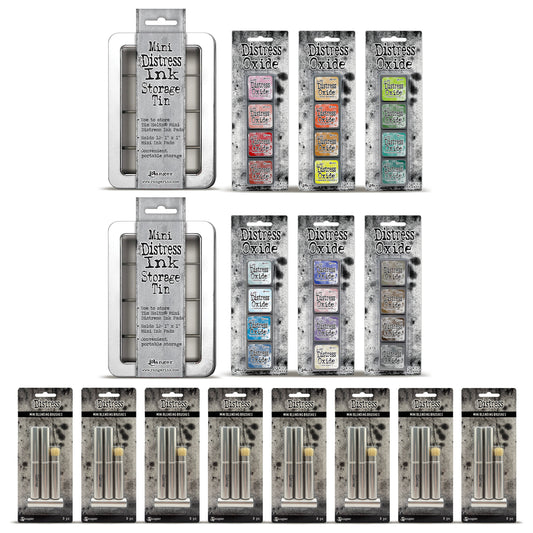 Ranger Tim Holtz Distress® Mini Oxide Ink Pads Kits 7-12 with 2 Storage Tins & 24 Brushes