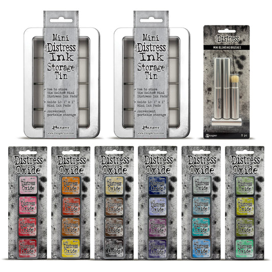 Ranger Tim Holtz Distress® Mini Oxide Ink Pads Complete Bundle with Storage Tins & 3 Brushes - Ships from 14th August
