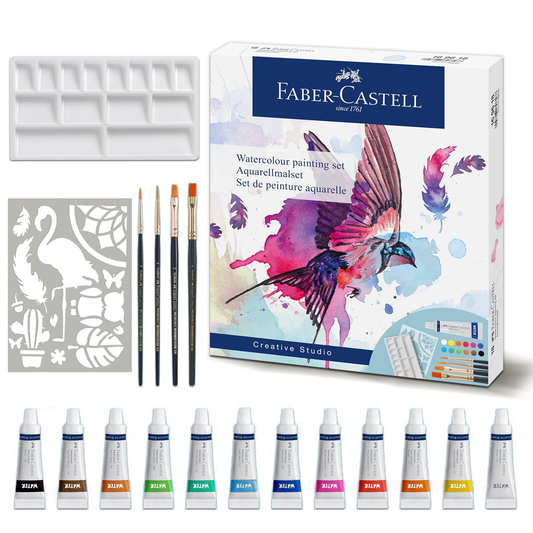 Faber Castell Watercolour Painting Set: Paint, Brushes, Palette, Stencil (18pcs)