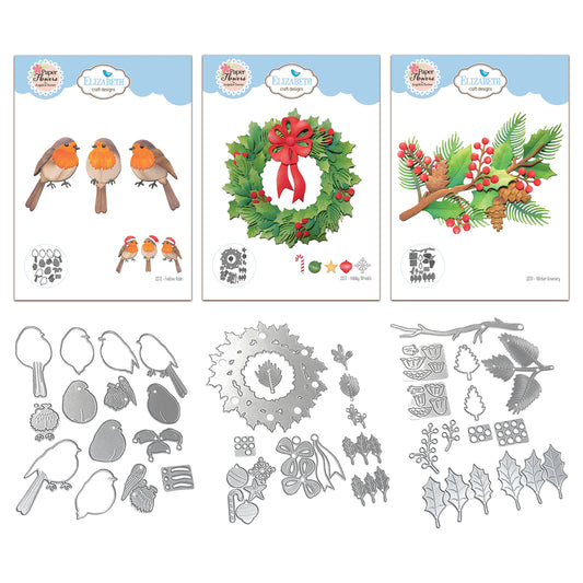 Elizabeth Craft Designs Festive Holly - Holiday Wreath, Winter Greenery & Festive Robin Die Bundle