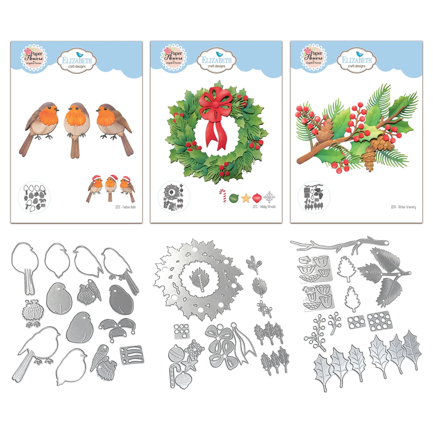 Elizabeth Craft Designs Festive Holly - Holiday Wreath, Winter Greenery & Festive Robin Die Bundle