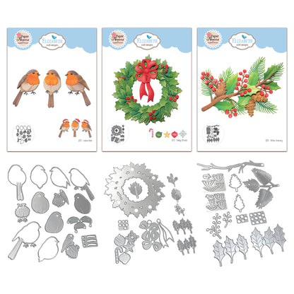 Elizabeth Craft Designs Festive Holly - Holiday Wreath, Winter Greenery & Festive Robin Die Bundle