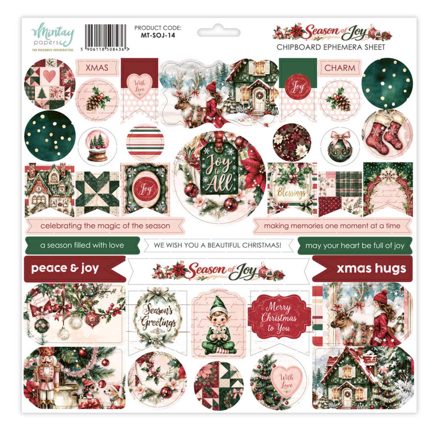Mintay Season of Joy 12x12 Inch Chipboard Ephemera Sheet