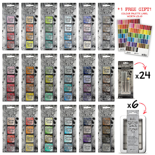 Ranger Tim Holtz Distress® Mini Oxide Ink Pads Kits 1-18 + 6 Storage Tins + 24 Blending Brushes + Free Mini Ink Pad Labels