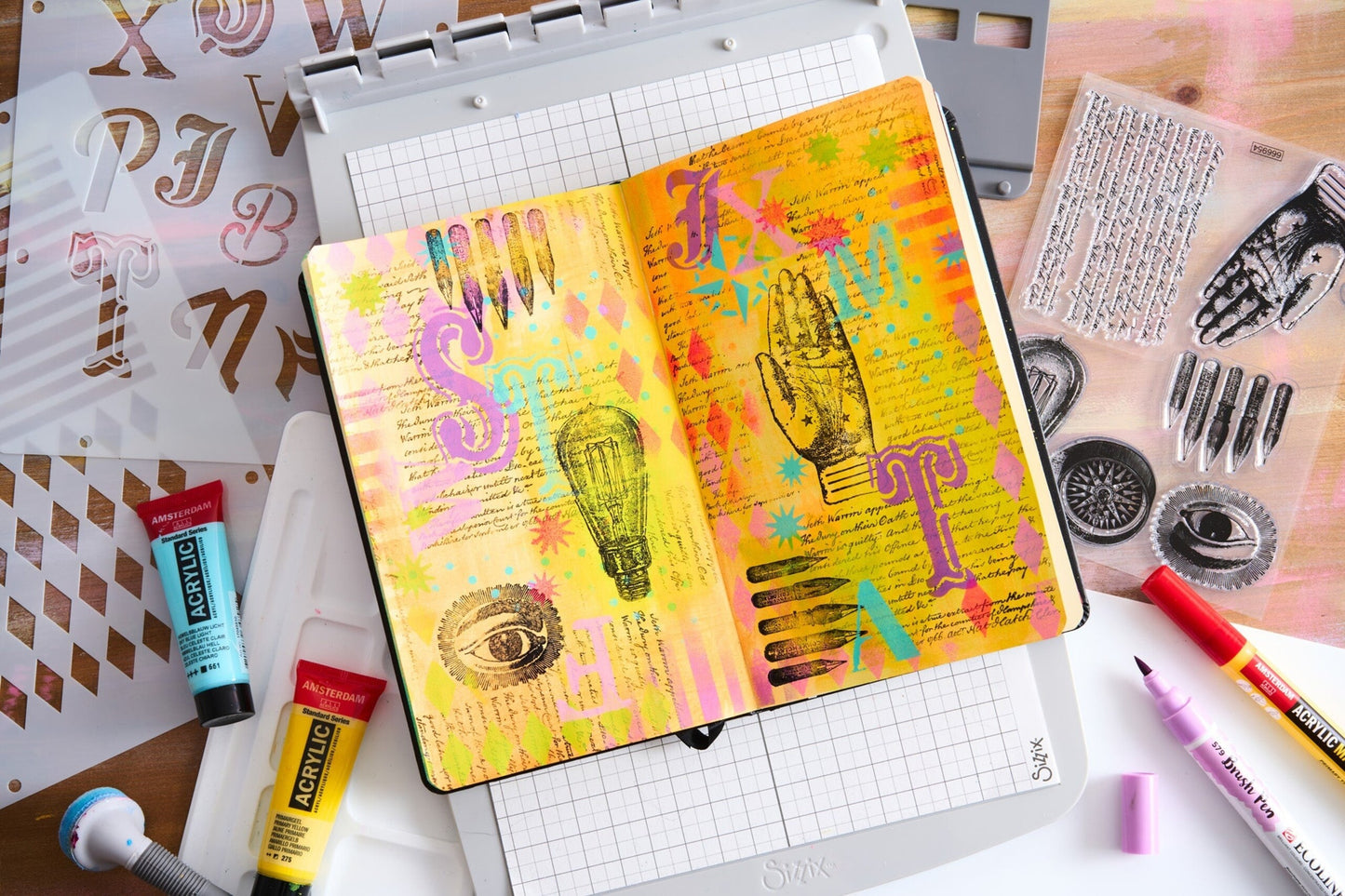 Sizzix Studio A5 Clear Stamps w/ A5 Stencils by Mark Montano Bundle