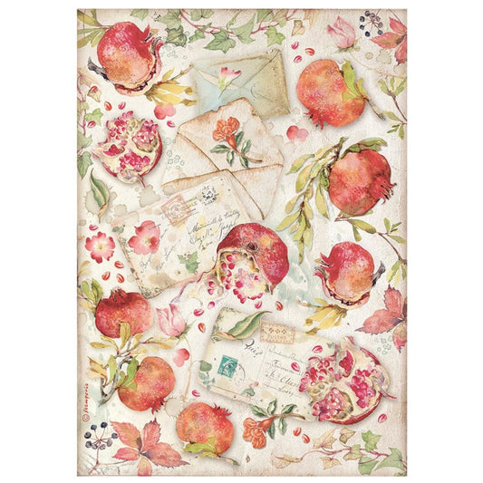 Stamperia A4 Rice Paper Casa Granada Pomegranades And Letters
