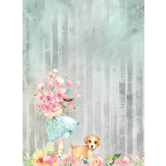 Stamperia A4 Rice Paper Circle Of Love Aquerel Bouquet and Dog