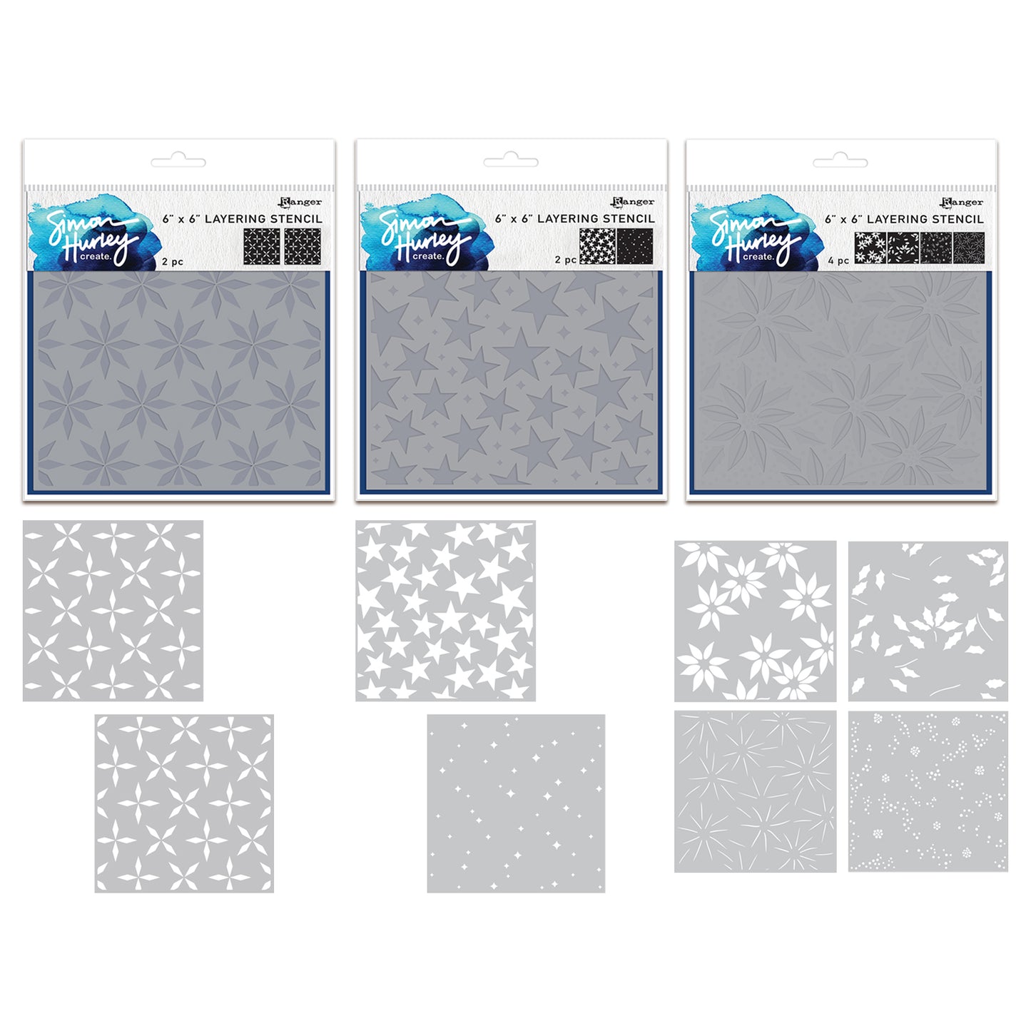 Ranger Simon Hurley create. Layering Stencils Bundle - Festive Poinsettias, Sparkling Stars & Spiral Star